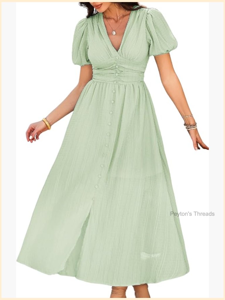 Flowey A-Line Deep V Puff Sleeve Empire Waist Smocked Maxi Dress